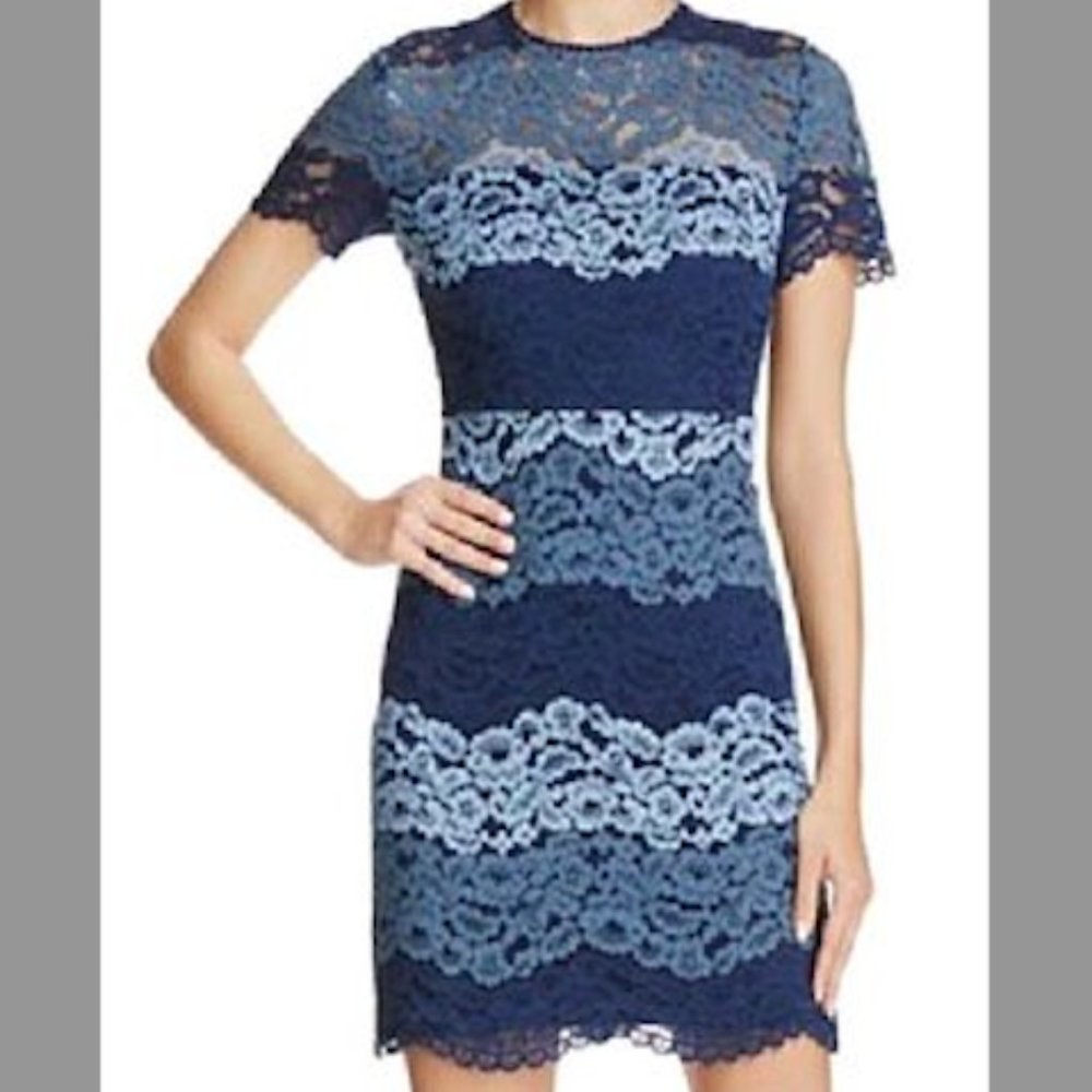 Aqua Blue Striped Lace Bodycon Cocktail Dress (NWT